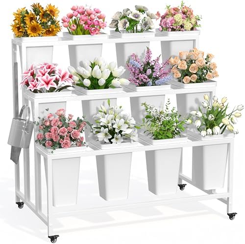 Flower Display Stand with 12 Buckets & Wheels - 3-Tier Mobile Flower Cart, White Metal Flower Bar for Weddings