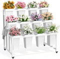 Flower Display Stand with 12 Buckets & Wheels - 3-Tier Mobile Flower Cart, White Metal Flower Bar for Weddings