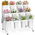 Flower Display Stand with 12 Buckets & Wheels - 3-Tier Mobile Flower Cart, White Metal Flower Bar for Weddings