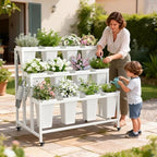 Flower Display Stand with 12 Buckets & Wheels - 3-Tier Mobile Flower Cart, White Metal Flower Bar for Weddings, alternate
