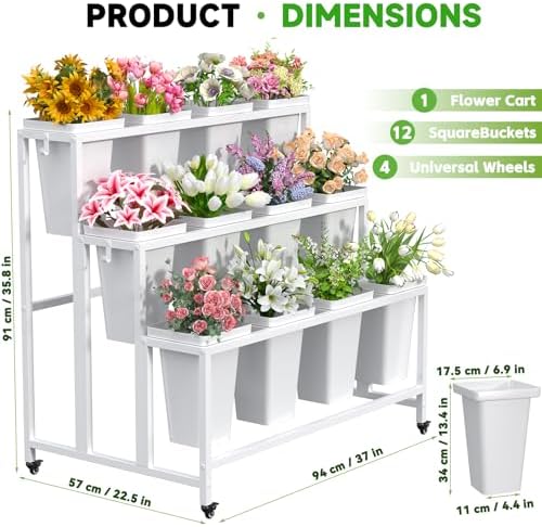 Flower Display Stand with 12 Buckets & Wheels - 3-Tier Mobile Flower Cart, White Metal Flower Bar for Weddings, alternate