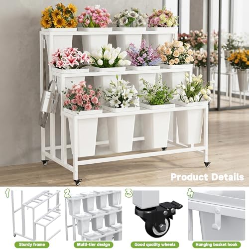 Flower Display Stand with 12 Buckets & Wheels - 3-Tier Mobile Flower Cart, White Metal Flower Bar for Weddings, alternate