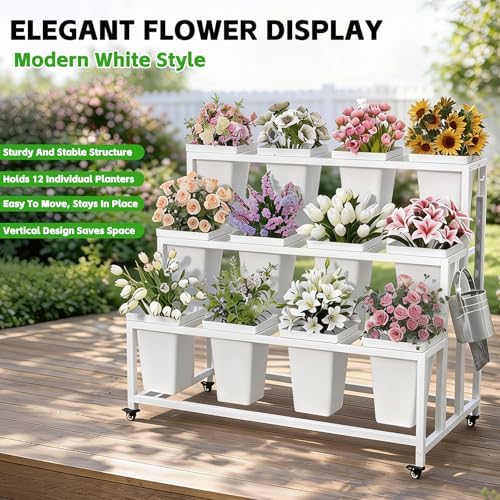 Flower Display Stand with 12 Buckets & Wheels - 3-Tier Mobile Flower Cart, White Metal Flower Bar for Weddings, alternate