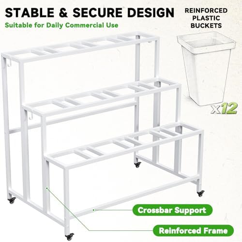 Flower Display Stand with 12 Buckets & Wheels - 3-Tier Mobile Flower Cart, White Metal Flower Bar for Weddings, alternate