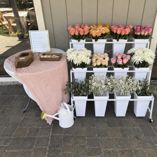 Flower Display Stand with 12 Square Buckets, 3-Tier Rolling Flower Cart with Wheels, White Metal Flower Stand