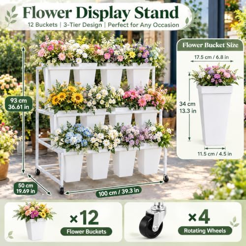 Flower Display Stand with 12 Square Buckets, 3-Tier Rolling Flower Cart with Wheels, White Metal Flower Stand, alternate view
