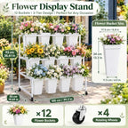 Flower Display Stand with 12 Square Buckets, 3-Tier Rolling Flower Cart with Wheels, White Metal Flower Stand, alternate view