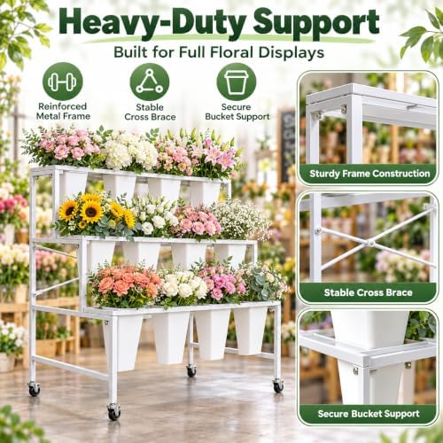 Flower Display Stand with 12 Square Buckets, 3-Tier Rolling Flower Cart with Wheels, White Metal Flower Stand, alternate view