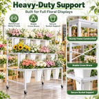 Flower Display Stand with 12 Square Buckets, 3-Tier Rolling Flower Cart with Wheels, White Metal Flower Stand, alternate view