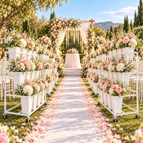 Flower Display Stand with 12 Square Buckets, 3-Tier Rolling Flower Cart with Wheels, White Metal Flower Stand, alternate view