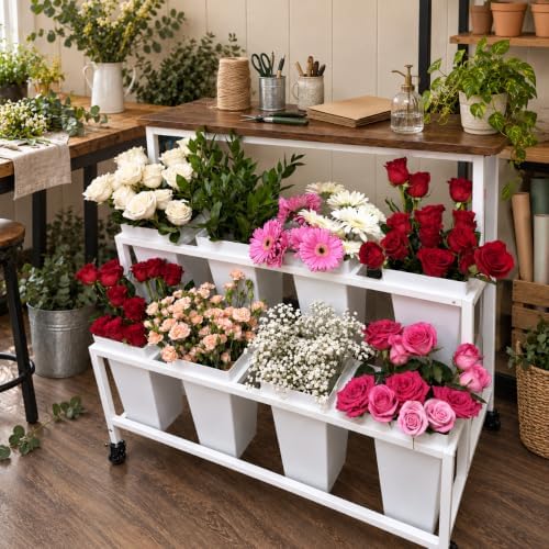 Flower Display Stand with 12 Square Buckets, 3-Tier Rolling Flower Cart with Wheels, White Metal Flower Stand, alternate view