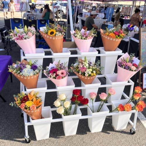 Flower Display Stand with 12 Square Buckets, 3-Tier Rolling Flower Cart with Wheels, White Metal Flower Stand, alternate view