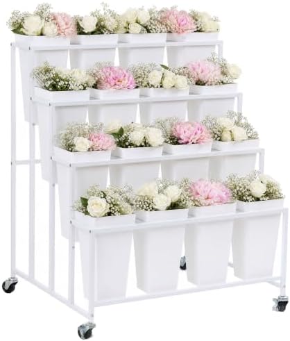 Flower Display Stand with 16 Buckets,4-Tier Metal Flower Cart, White in White