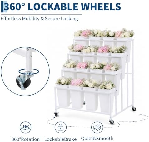 Flower Display Stand with 16 Buckets,4-Tier Metal Flower Cart, White in White, alternate view 3