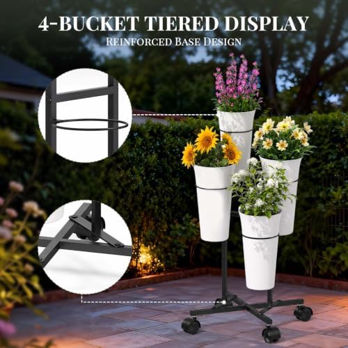 Flower Display Stand with 4 Buckets, Metal Flower Cart - Black in Black, alternate view 4