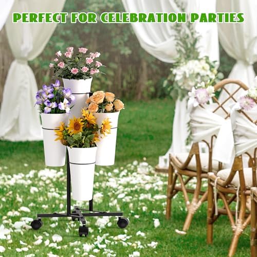 Flower Display Stand with 4 Buckets, Metal Flower Cart Display Stand with Wheels, Flower Bar Stand for Garden, alternate view