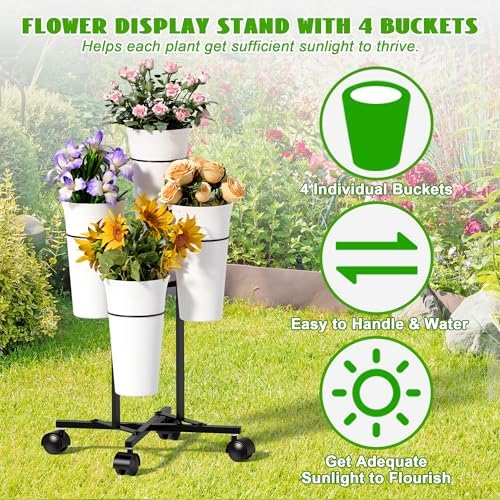 Flower Display Stand with 4 Buckets, Metal Flower Cart Display Stand with Wheels, Flower Bar Stand for Garden, alternate view