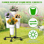 Flower Display Stand with 4 Buckets, Metal Flower Cart Display Stand with Wheels, Flower Bar Stand for Garden, alternate view
