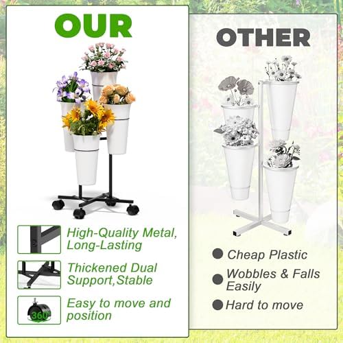 Flower Display Stand with 4 Buckets, Metal Flower Cart Display Stand with Wheels, Flower Bar Stand for Garden, alternate view