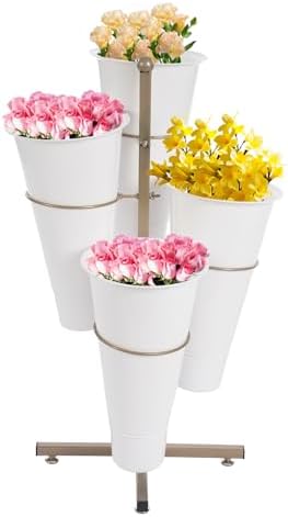 Flower Display Stand with 4pcs Buckets 2 Tier Flower Cart Display Stand Metal Plant Stand Movable Florist