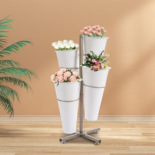 Flower Display Stand with 4pcs Buckets 2 Tier Flower Cart Display Stand Metal Plant Stand Movable Florist, alternate view 2