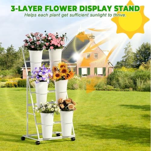 Flower Display Stand with 6 Buckets, 3 Tier Metal Flower Cart Display Stand with Wheels, Flower Bar Stand for, alternate view