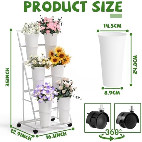 Flower Display Stand with 6 Buckets and Wheels, 3 Tier White Flower Cart Display Stand for Indoor Outdoor, alternate view 3