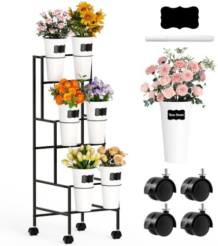 Flower Display Stand with 6 Buckets, Flower Cart with Wheels, 3 Layers Metal Flower Bar Stand Moving Flower