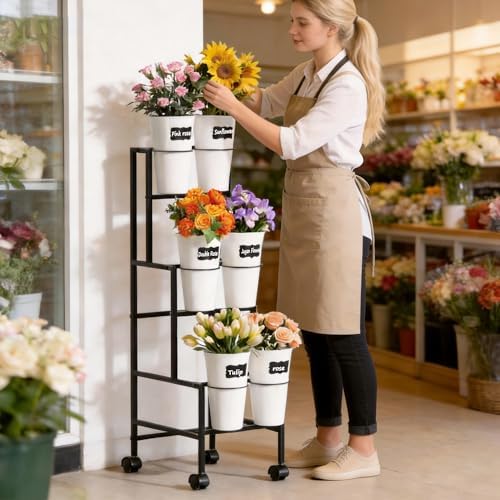 Flower Display Stand with 6 Buckets, Flower Cart with Wheels, 3 Layers Metal Flower Bar Stand Moving Flower, alternate view 2