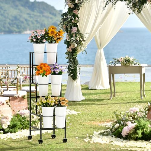 Flower Display Stand with 6 Buckets, Flower Cart with Wheels, 3 Layers Metal Flower Bar Stand Moving Flower, alternate view 5