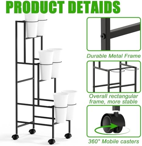 Flower Display Stand with 6 Buckets, Flower Cart with Wheels, 3 Layers Metal Flower Bar Stand Moving Flower, alternate view 6