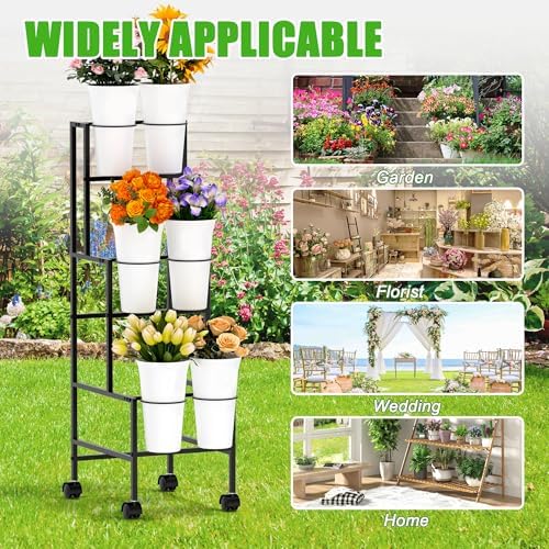 Flower Display Stand with 6 Buckets, Flower Cart with Wheels, 3 Layers Metal Flower Bar Stand Moving Flower, alternate view 7