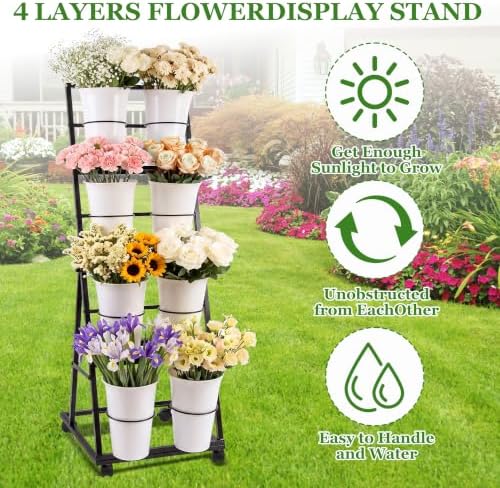 Flower Display Stand with 8 Buckets, 4-Tier Rolling Flower Cart, alternate view 4