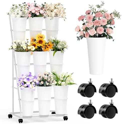 Flower Display Stand with 9 Buckets, 3 Tier Flower Cart Display Stand and Wheels for Indoor Outdoor Garden