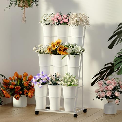 Flower Display Stand with 9 Buckets, 3 Tier Flower Cart Display Stand and Wheels for Indoor Outdoor Garden, alternate view 2