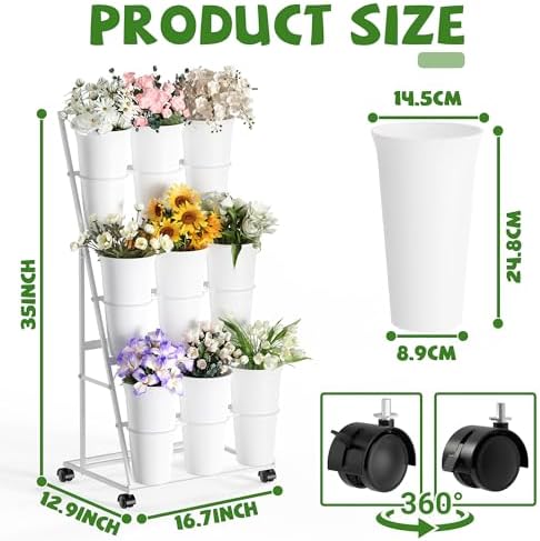 Flower Display Stand with 9 Buckets, 3 Tier Flower Cart Display Stand and Wheels for Indoor Outdoor Garden, alternate view 3