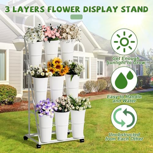 Flower Display Stand with 9 Buckets, 3 Tier Flower Cart Display Stand and Wheels for Indoor Outdoor Garden, alternate view 4