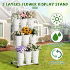 Flower Display Stand with 9 Buckets, 3 Tier Flower Cart Display Stand and Wheels for Indoor Outdoor Garden, alternate view 4