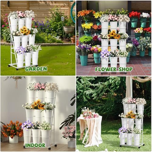 Flower Display Stand with 9 Buckets, 3 Tier Flower Cart Display Stand and Wheels for Indoor Outdoor Garden, alternate view 6