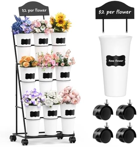 Flower Display Stand with 9 Buckets, Black Flower Bar Stand with Wheels
