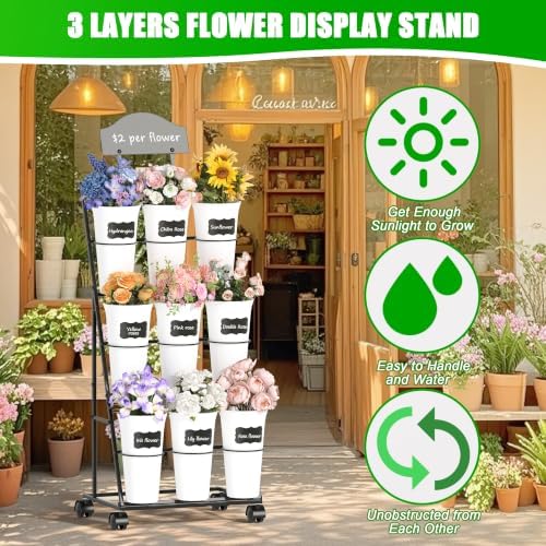 Flower Display Stand with 9 Buckets, Black Flower Bar Stand with Wheels, alternate view 2