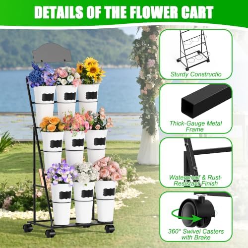Flower Display Stand with 9 Buckets, Black Flower Bar Stand with Wheels, alternate view 3