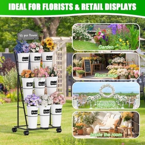 Flower Display Stand with 9 Buckets, Black Flower Bar Stand with Wheels, alternate view 5