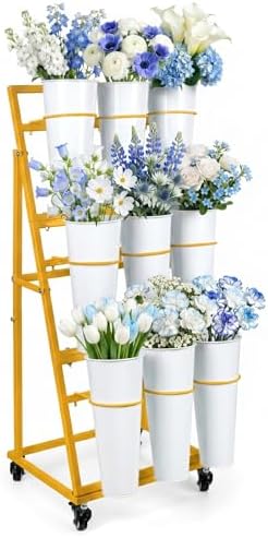 Flower Display Stand With 9 Buckets, Flower Bar with Wheels, Flower Cart Display Stand for Florist Garden