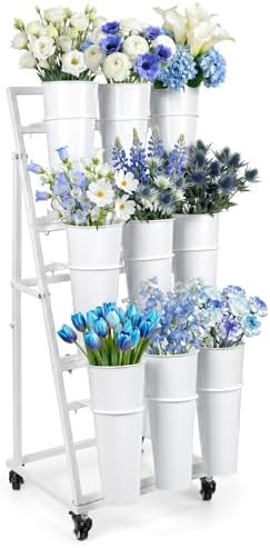 Flower Display Stand With 9 Buckets, Flower Bar with Wheels, Flower Cart Display Stand for Florist Garden