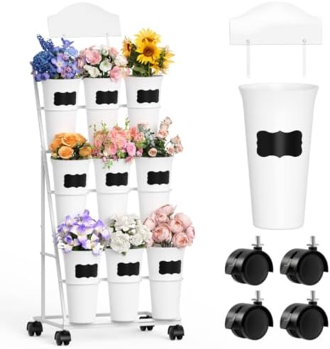 Flower Display Stand with 9 Buckets, White Flower Bar Stand with Wheels