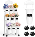 Flower Display Stand with 9 Buckets, White Flower Bar Stand with Wheels