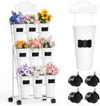 Flower Display Stand with 9 Buckets, White Flower Bar Stand with Wheels