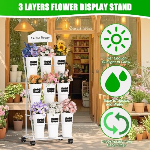 Flower Display Stand with 9 Buckets, White Flower Bar Stand with Wheels, alternate view 2