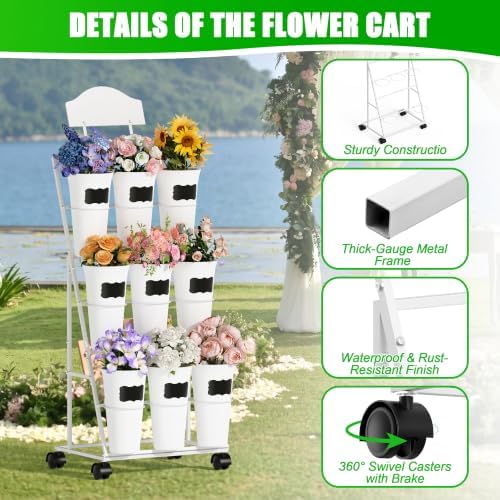 Flower Display Stand with 9 Buckets, White Flower Bar Stand with Wheels, alternate view 3